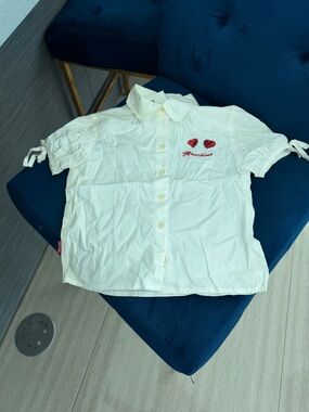 Moschino White Short-Sleeve Button Shirt with Red Heart Embroidery